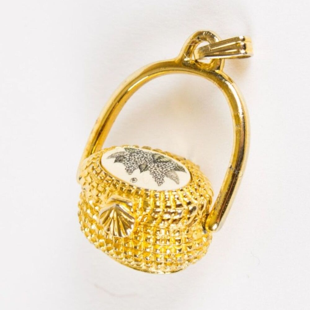 Vintage P.A.I. Gold Nantucket Lightship Basket Pendant Charm Hydrangea Locket